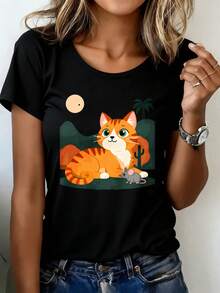 Camiseta Deportiva Casual para Mujer con Diseño de Gato Atigrado de Caricatura - Camiseta Negra Elástica de Cuello Redondo, Lavable aáquina, Ajuste Cómodo y Perfecta para Todas las Estaciones, para Uso Diario y Actividades Informales. - Negro - Ver 1