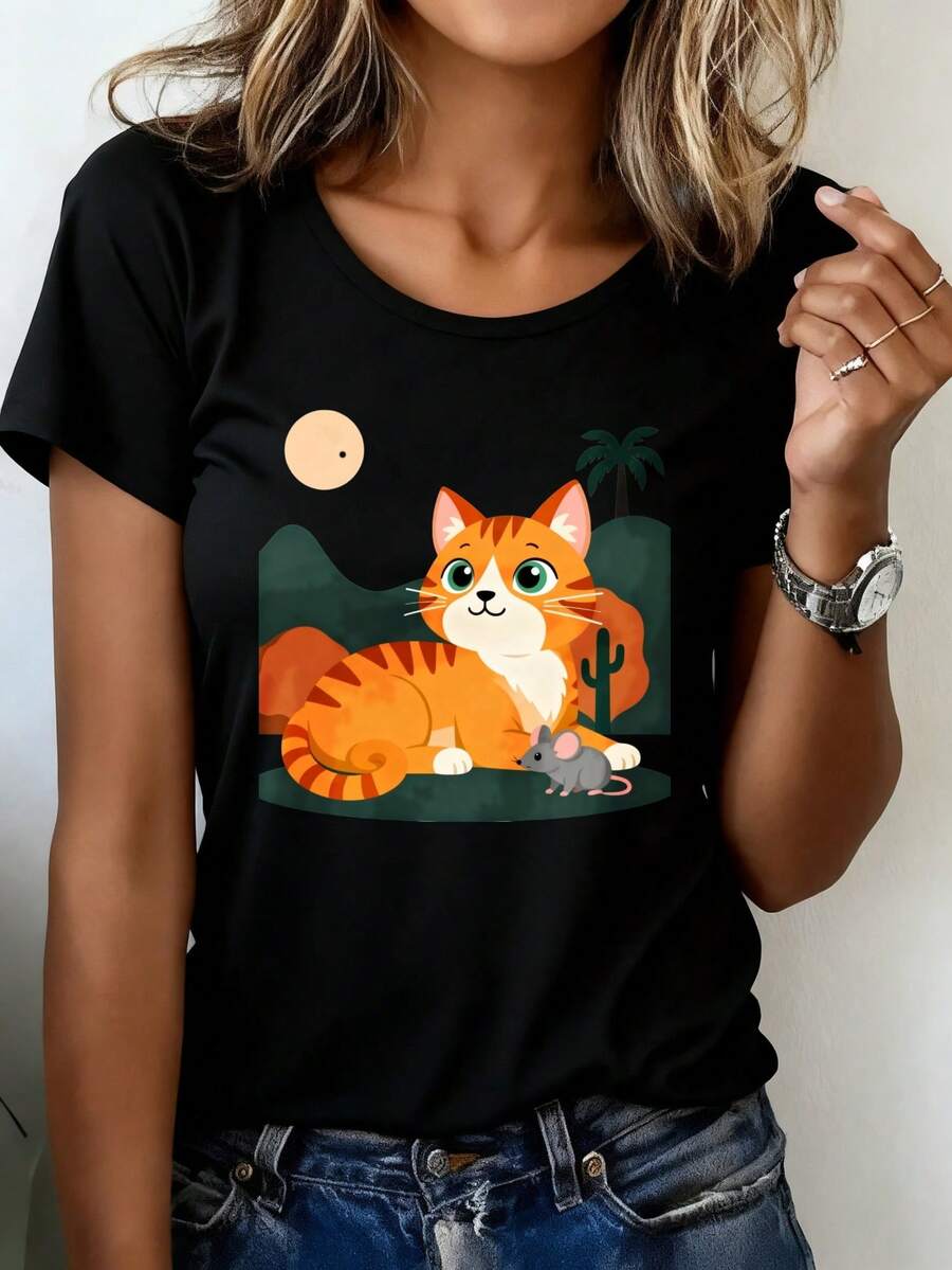Camiseta Deportiva Casual para Mujer con Diseño de Gato Atigrado de Caricatura - Camiseta Negra Elástica de Cuello Redondo, Lavable aáquina, Ajuste Cómodo y Perfecta para Todas las Estaciones, para Uso Diario y Actividades Informales. - Negro - Ver 1