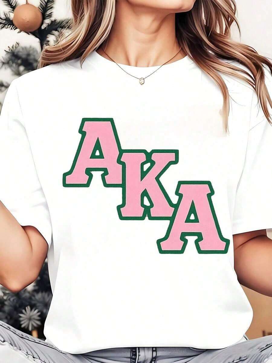 Camiseta de Cuello Redondo para Mujer, Estampado de Letras Rosas y Verdes, Ropa Casual, Regalo para Vacaciones, 220g, Playera Holgada para Mujer - Blanco - Ver 1