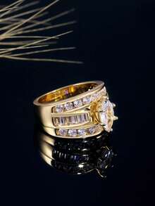 Ensemble de bagues de luxe pour femmes en or, bague de déclaration avec zircone cubique taille marquise, bagues de mariage et de fiançailles à plusieurs rangs, bijoux de mariée en cadeau - Doré - Voir 4