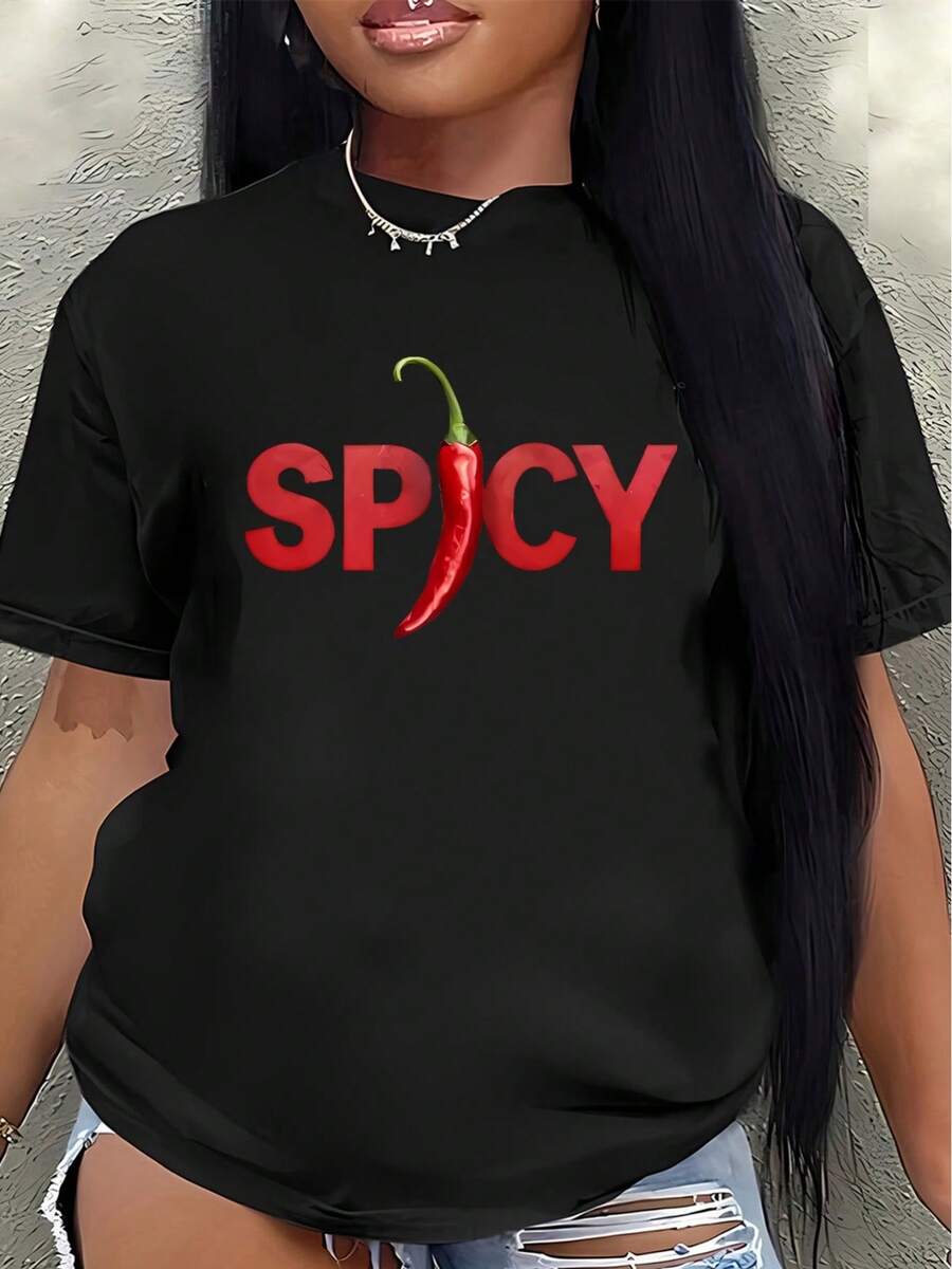 Camiseta de manga corta de poliéster con estampado de chiles, adecuada para uso casual en casa o en restaurantes, diseño ligero y duradero, cómoda para el uso diario.blusa casual mujer - Negro - Ver 1
