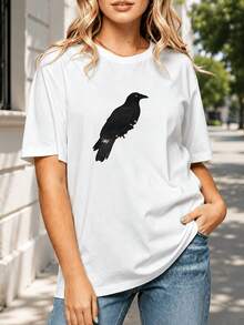 Women's Casual Sports T-Shirt With Crow Graphic - Elastic Crew Neck T-Shirt, Machine Washable, Comfortable Fit And Suitable For All Seasons, For A Chic And Modern Look. - 白色 - 查看 1