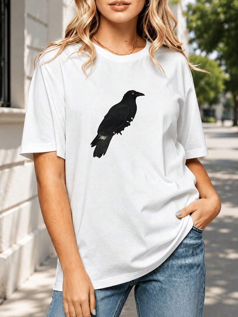Women's Casual Sports T-Shirt With Crow Graphic - Elastic Crew Neck T-Shirt, Machine Washable, Comfortable Fit And Suitable For All Seasons, For A Chic And Modern Look. - 白色 - 查看 1