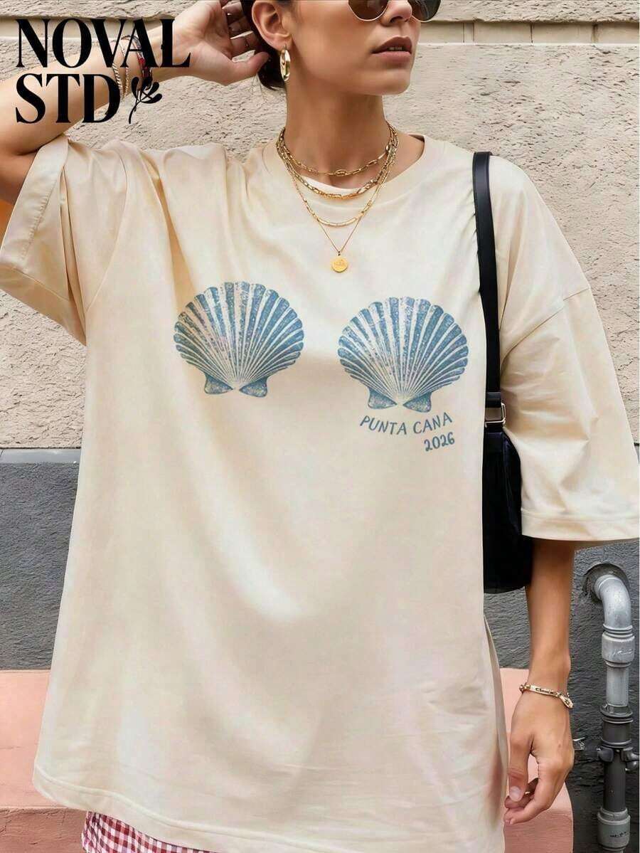 1 PcsNOVAL Best Selling 2026, Women's Summer Shell Bikini Shells Printed Graphic Tee Casual Vacation Style Loose Multifunctional Round-Neck 100% Cotton Short-Sleeve T-Shirt, Fashionable Everyday Top, Summer Outfits For Women.180g Cotton 100% - 杏子 2 - 查看 1