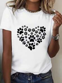1 Piece: Casual Short-Sleeved, Round-Neck T-Shirt With A Heart-Shaped Cartoon Footprint Print, Suitable For Everyday Wear In Spring, Summer, And Autumn. 180g 100% Cotton. - White - View 9