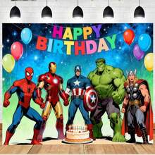 1pc Avengers Birthday Tapestry, S Pider Man I-Ron Man C Aptain A Merica H Ulk Thor Team Graphic With Happy Birthday Banner, Balloons & Cake, Superhero Themed Party Backdrop, Vibrant Wall Hanging For Party Decor, Photo Booth Props, Home Celebration Decoration, Epic Pop Culture Event Supply - View 4