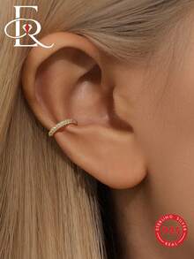 EleRunis 1 pieza Pendientes de aro de plata de ley 925 con circonita cúbica microincrustada, sin necesidad de perforación, pendientes de fiesta para mujer, joyería exquisita, accesorios para bodas y fiestas, 18K oro - Dorado - Ver 2