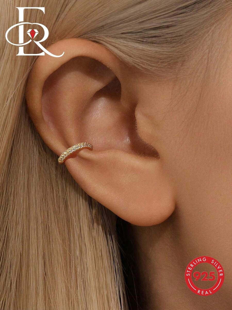 EleRunis 1 pieza Pendientes de aro de plata de ley 925 con circonita cúbica microincrustada, sin necesidad de perforación, pendientes de fiesta para mujer, joyería exquisita, accesorios para bodas y fiestas, 18K oro