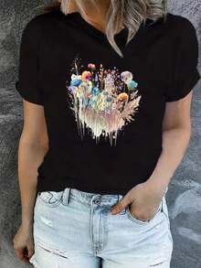 Women's Casual Sports T-Shirt With Floral Design - Black V-Neck T-Shirt, Elastic And Machine Washable, Comfortable Fit For All Seasons, For Women With Light Brown Wavy Hair. - 黑色 - 查看 1