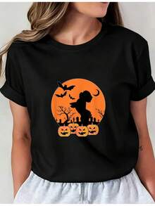 Camiseta Deportiva Casual para Mujer - Camiseta Negra con Diseño de Bruja Iluminada por la Luna Naranja y Calabazas - Elástica y de Cuello Redondo, Lavable aáquina, Ajuste Cómodo para Todas las Estaciones, para Celebrar el Otoño. - Negro - Ver 6