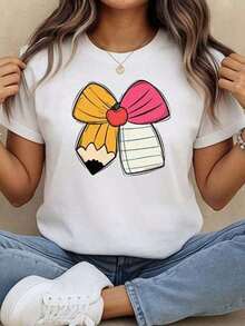 Women's Blouses Gift Short Sleeve T-Shirt With Pencil Print, Round Neck, Women's T-Shirts, Graphic Blouses For Women Softeurmuse - 白色的 - 查看 12