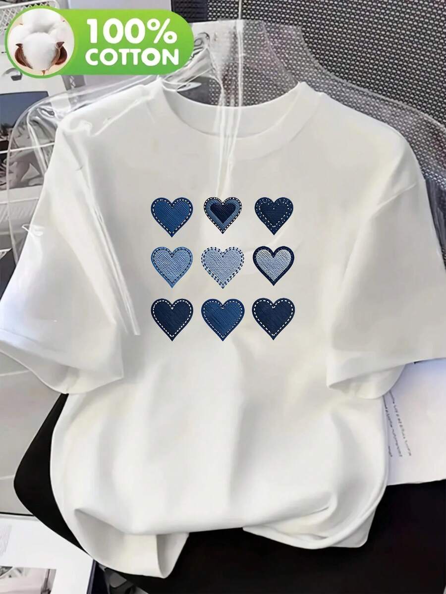 Nueva Colección Primavera Verano Día de San Valentín 100% Pure Plus Size Mujer Estampado de Corazón Azul Cuello Redondo Manga Corta Cómodo Top para el Hogar Camiseta Ropa de Mujer de Alta Calidad
