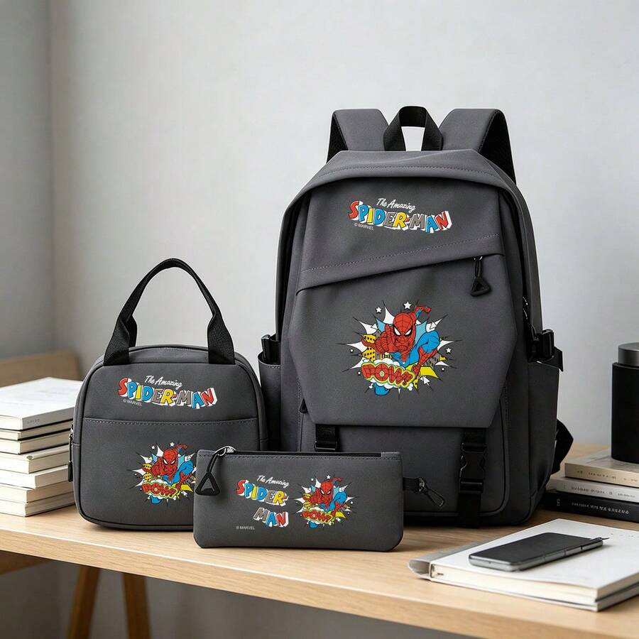 Miniso Bộ 3 món Marvel The Amazing Spider-Man POW! màu xám gồm ba lô, túi đựng laptop, túi giữ nhiệt và hộp đựng bút, thích hợp cho văn phòng, học tập và du lịch. - Xám - Xem 1
