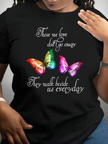 Women's Casual T-Shirt With Round Neck And Print, Featuring Colorful Butterfly Patterns And Motivational Phrases, Butterfly Letter Print Design, Breathable Fabric, Regular Length, Suitable For Daily Wear And Casual Outdoor Style. - 黑色 - 查看 6