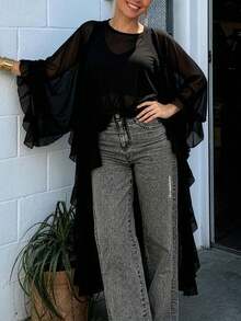 Women's Sheer Chiffon Kimono Cardigan Ruffled Flare Sleeve Open Front Long Maxi Cover Up - Black - View 3