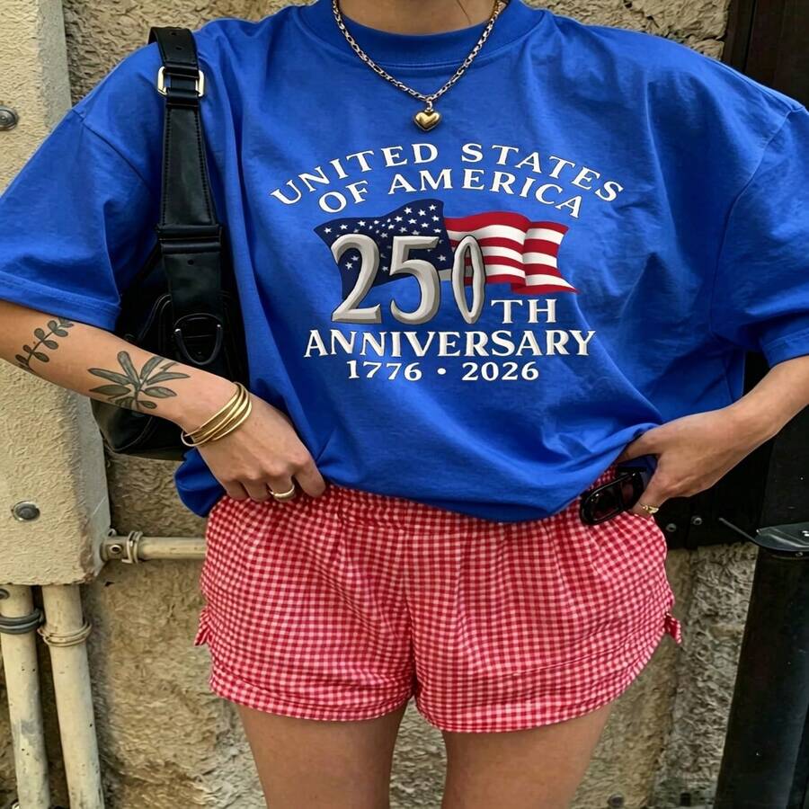 Heartfelt Daily Casual Graphic T-Shirt 100% Cotton Oversized Soft Breathable Casual Crewneck Short Sleeve Top Vintage Aesthetic Red Checkered Shorts United States 250th Anniversary Design For Casual Wearers Fashion Lovers Daily Outfit Enthusiasts Gift Givers - 藍色 - 查看 1