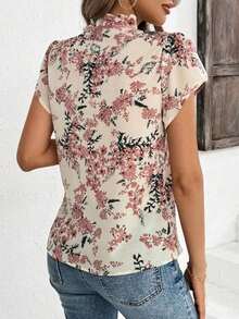Blusa femenina fresca con estampado floral, dobladillo con volantes y frontal con lazo - Rosa - Ver 2