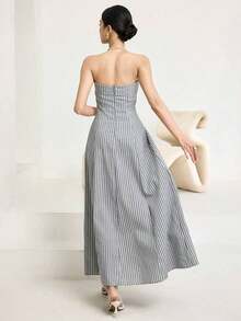 Vestido largo elegante sin tirantes con cremallera en la espalda a rayas para mujer, uso diario casual - Gris - Ver 2