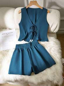 Set de 2 piezas de conjunto informal de mujer de unicolor con nudo, elegante para primavera/verano - Azul - Ver 1