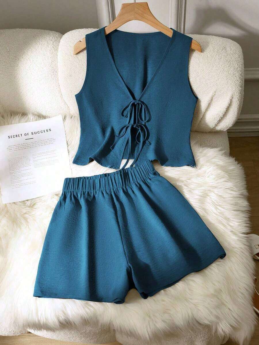 Set de 2 piezas de conjunto informal de mujer de unicolor con nudo, elegante para primavera/verano - Azul - Ver 1