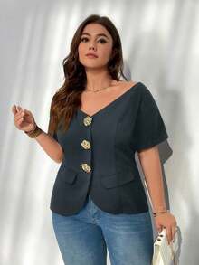 delgada de estilo elegante con botones metálicos, hombros descubiertos y ajuste ceñido, ideal para uso diario, oficina, graduación, regreso a clases y atuendos de maestras en primavera/verano y otoño/invierno para mujeres de talla grande - Gris Oscuro - Ver 7