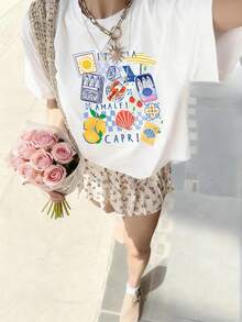 Women's Short-Sleeved T-Shirt With A Collage Print Of Italy, Amalfi And Capri, Round Neck, Made Of Polyester, Ideal For Vacations, Beach And Casual Outings, Summer Style, For Spring And Summer, National Shipping In Mexico. - 白色 - 查看 3