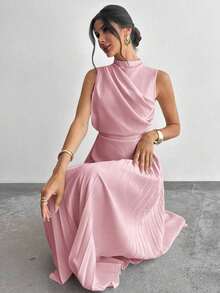 Vestido de línea A con cuello de swing sin mangas y volantes, falda paraguas, para volver al colegio, ropa escolar, fiesta, estilo de mujer de dinero antiguo, atuendos para salir, atuendos de fiesta para mujer, atuendos de oficina para mujer, fald - Rosa Pálido - Ver 1