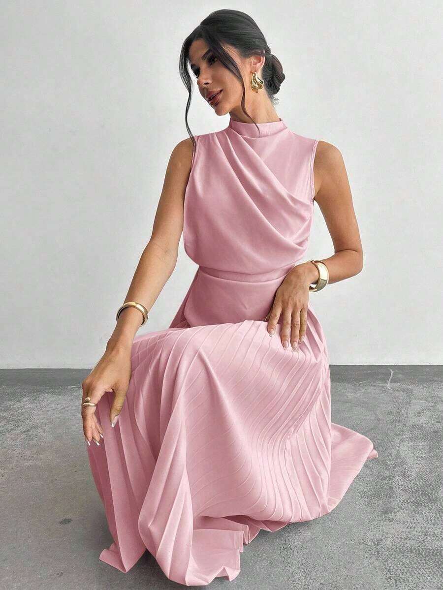 Vestido de línea A con cuello de swing sin mangas y volantes, falda paraguas, para volver al colegio, ropa escolar, fiesta, estilo de mujer de dinero antiguo, atuendos para salir, atuendos de fiesta para mujer, atuendos de oficina para mujer, fald - Rosa Pálido - Ver 1