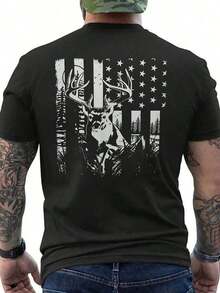 Men's Hunting Shirt With Deer Design And American Style - Breathable Cotton, Short Sleeve, Crew Neck, Black, For Outdoor Enthusiasts, Outerwear | All-Season Shirt | Knit Fabric, Camouflage Print Hunting Clothing 2026 - 黑色 - 查看 1