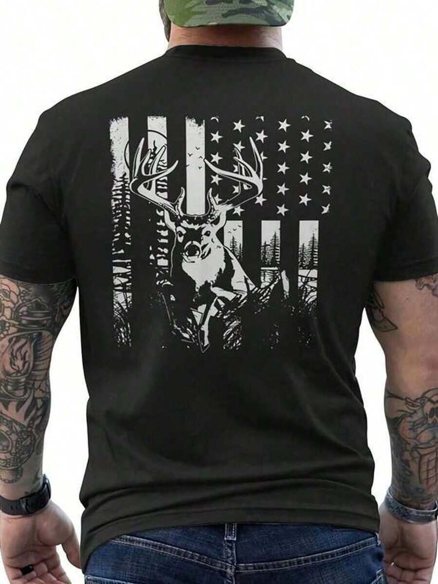 Men's Hunting Shirt With Deer Design And American Style - Breathable Cotton, Short Sleeve, Crew Neck, Black, For Outdoor Enthusiasts, Outerwear | All-Season Shirt | Knit Fabric, Camouflage Print Hunting Clothing 2026 - 黑色 - 查看 1