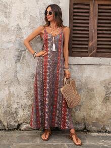 Vestido casual largo de punto elástico para mujer, cómodo y de moda para primavera/verano, vacaciones, adecuado para verano, vacaciones, con estampado vintage de flores, hojas y tropical - Multicolor 5 - Ver 6