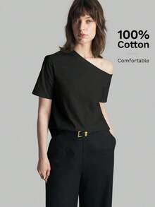 2026SS Nueva Blusa de Mujer de unicolor con Hombros Descubiertos, Uso Casual Diario, Camiseta de Manga Corta Holgada, Blusas de Verano para Mujer, Casual de Negocios, Vacaciones, Playa, Fiesta de Cumpleaños, Atuendo de Maestra, Regreso a Clases - Negro - Ver 6