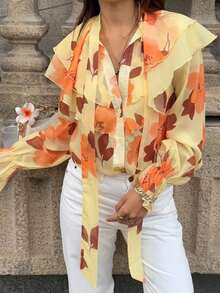 Camisa casual con botones, con volantes, estampado floral diminuto y decoración de perlas, ideal para primavera y vacaciones - Naranja - Ver 2
