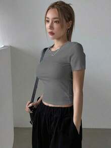Camiseta Casual De Manga Corta Con Cuello Redondo Y unicolor Para Mujer En Verano - Gris - Ver 3