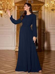Vestido de dama de honor de manga linterna de unicolor elegante y extra largo - Azul marino - Ver 4
