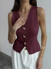 elegante de mujer de unicolor con cuello en V sin mangas, decorado con botones metálicos, para verano, vacaciones en la playa, estilo boho tropical, tops de verano minimalistas, casuales de oficina, de salida elegante, para la escuela en ot - Burdeos - Ver 6