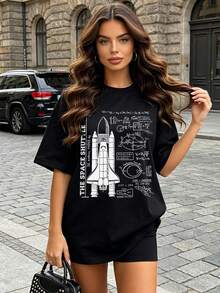 Camiseta de manga corta con cuello redondo suave y casual para mujer, el estampado gráfico del diseño del transbordador espacial es perfecto para los amantes de la ciencia en la primavera y el verano. Blanca. - Negro - Ver 2