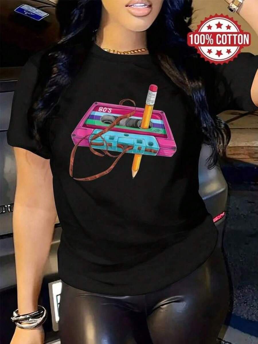 Camisetas Para Mujer AlgodónCamiseta retro de cassette ochentero de algodón transpirable para mujer y hombre perfecta para eventos casuales o fiestas divertida y única en color negro talla S a XL moda vintage camiseta popular mundial 2026 - Negro - Ver 1