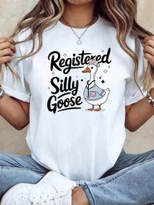 Camiseta de Mujer "Registered Silly Goose" - Camiseta Divertida con Estampado de Ganso de Dibujos Animados, Manga Corta Casual, en Blanco y Negro, Linda y Original, Adecuada para el Uso Diario de Profesionales de la Salud. - Blanco - Ver 1