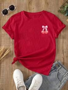 Women's Oversized Red Summer 2026 T-Shirt, Two Designs Available (Mixed Hearts And Cherries With Phrase). Loose-Fitting Youth T-Shirt With Heart And Cherry Prints, To Combine With Leggings Or Skinny Jeans. - YH582-紅色 - 查看 2