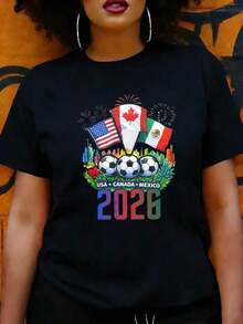 Women's Casual T-Shirt With 2026 World Cup Flags And Soccer Balls Design (USA, Canada, Mexico), Summer Clothing, Gift For Sports Fans - 黑色 - 查看 6