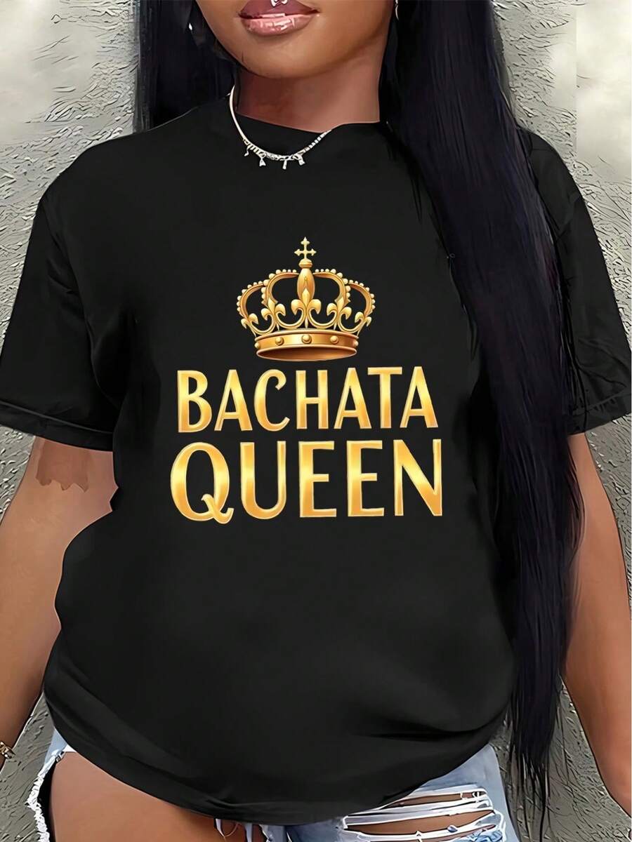 Women's Short-Sleeved T-Shirt With A Gold Crown Design, Suitable For Baraka Dance Queen. Lightweight And Durable, Perfect For Dance Activities, Nightlife, Or Casual Wear At Home And In Restaurants. Women's Blouses > Clothing - 黑色 - 查看 1