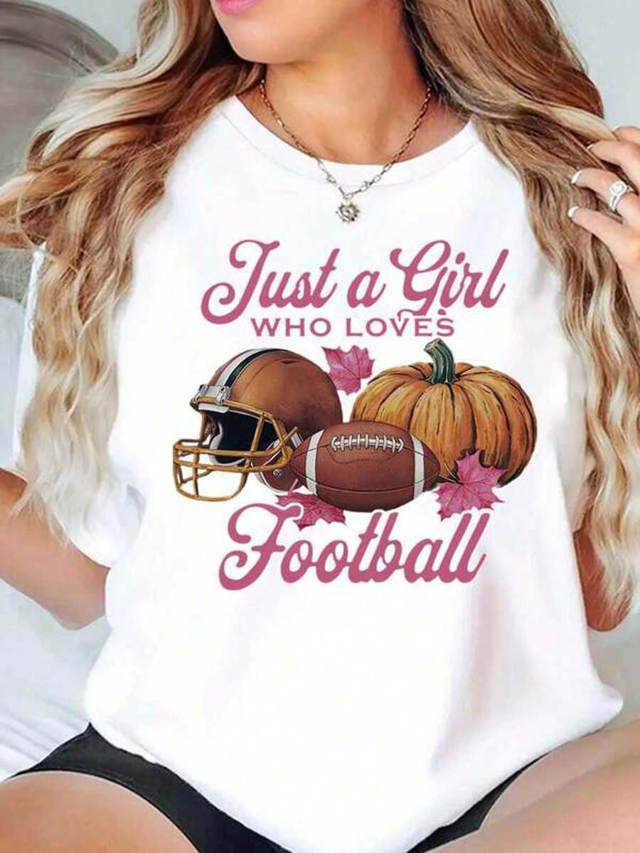Women's Short Sleeve T-Shirt With Round Neck And Print For Just A Girl Who Loves Football S-3XL Fashionable, Comfortable And Breathable, Machine Washable - 白色 - 查看 1