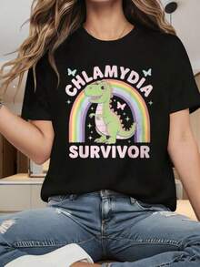Women's Short Sleeve Crew Neck T-Shirt With Print Chlamydia Survivor Dinosaur Rainbow Stars Maosas S-3XL Fashionable, Comfortable And Breathable, Machine Washable - 黑色 - 查看 1