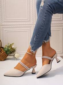Sandalias de tacón bajo negras con punta cerrada para mujer, sandalias de moda con punta puntiaguda de ante, zapatos de mujer adecuados para bodas, fiestas y uso diario - Beis - Ver 7