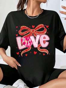 Women's Oversized T-Shirt With Heart And Bow Print, Casual Valentine's Day Top, Fashion Graphic Tee - 黑色 - 查看 7