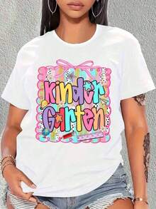Women's T-Shirt, Gift For Kindergarten Teachers, Colorful And Fun Design With School Supplies And Stars, Funny Back To School T-Shirt For Teachers And Parents - 白色 - 查看 7