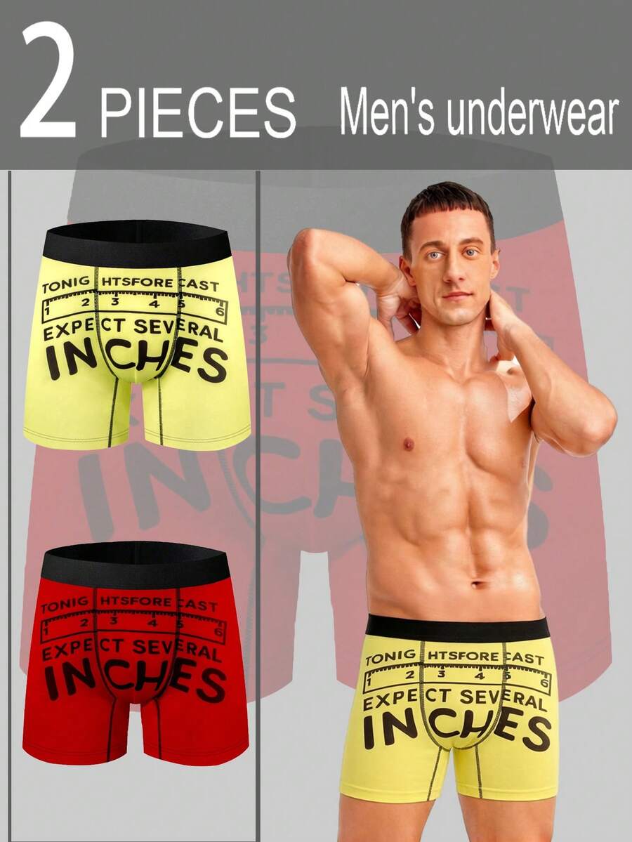 2pcs Expect Several Inches Funny Print Breathable Boxer Briefs, Playful (Novelty + Sexy), Polyester - Multicolor - View 1