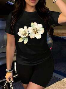 1 pieza de moda casual para hombres y mujeres. Camiseta de mujer con estampado floral en acuarela, sencilla y fresca, con motivo floral, top casual de manga corta, ropa de verano con cuello redondo. Versátil, fácil de combinar, adecuada para uso diario, estilo urbano, ropa de vacaciones, ropa de fin de semana. - Negro - Ver 7