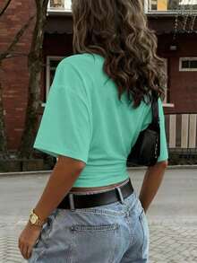 Y2K Style, Modern Style, Newest 2026, Cute Style, Casual Style, Women's Blouses > Clothing. New Stylish And Fashionable Solid Color T-Shirt, Casual, Versatile, With A Gathered Waist, Suitable For Daily Wear, School, Beach, Vacation, And Summer Home Wear, 180g (Sizes S-XXXL). - 藍色 - 查看 5